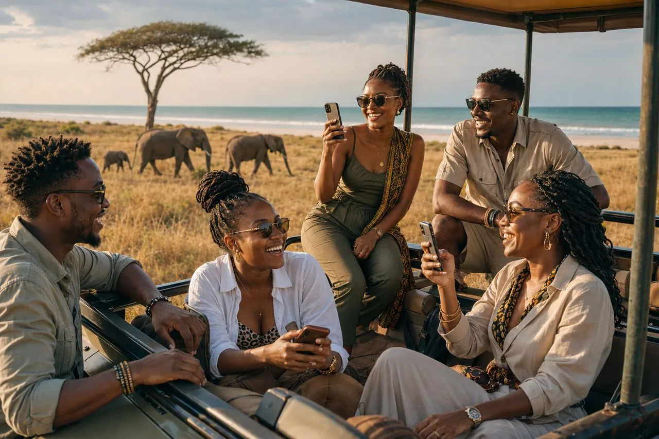 Tanzanian friends laughing together on a safari game drive at Saadani, with elephants and the Indian Ocean behind them